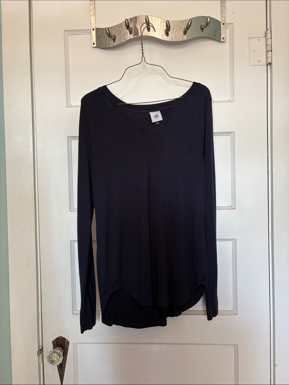 Cabi Navy Long-Sleeve V-Neck Top with Gathered Back Size S
